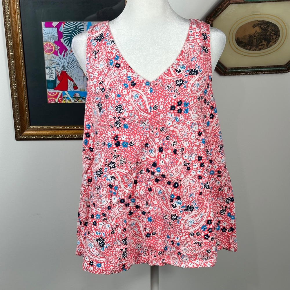 Time & Tru Pink & Blue Linen Blend Floral Sleeveless V Neck Top - SIZE M Summer